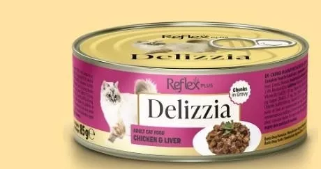 REFLEX PLUS DELIZZIA SOS İÇİNDE PARÇA ETLİ TAVUKLU VE CİĞERLİ YETİŞKİN KEDİ MAMASI 85 GR*12ADET